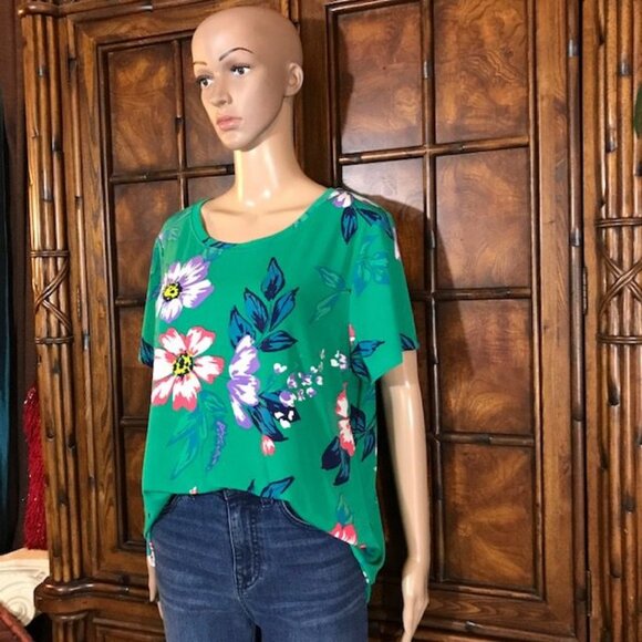Iman Green Tropical Floral Print Jersey Top - Picture 2 of 16